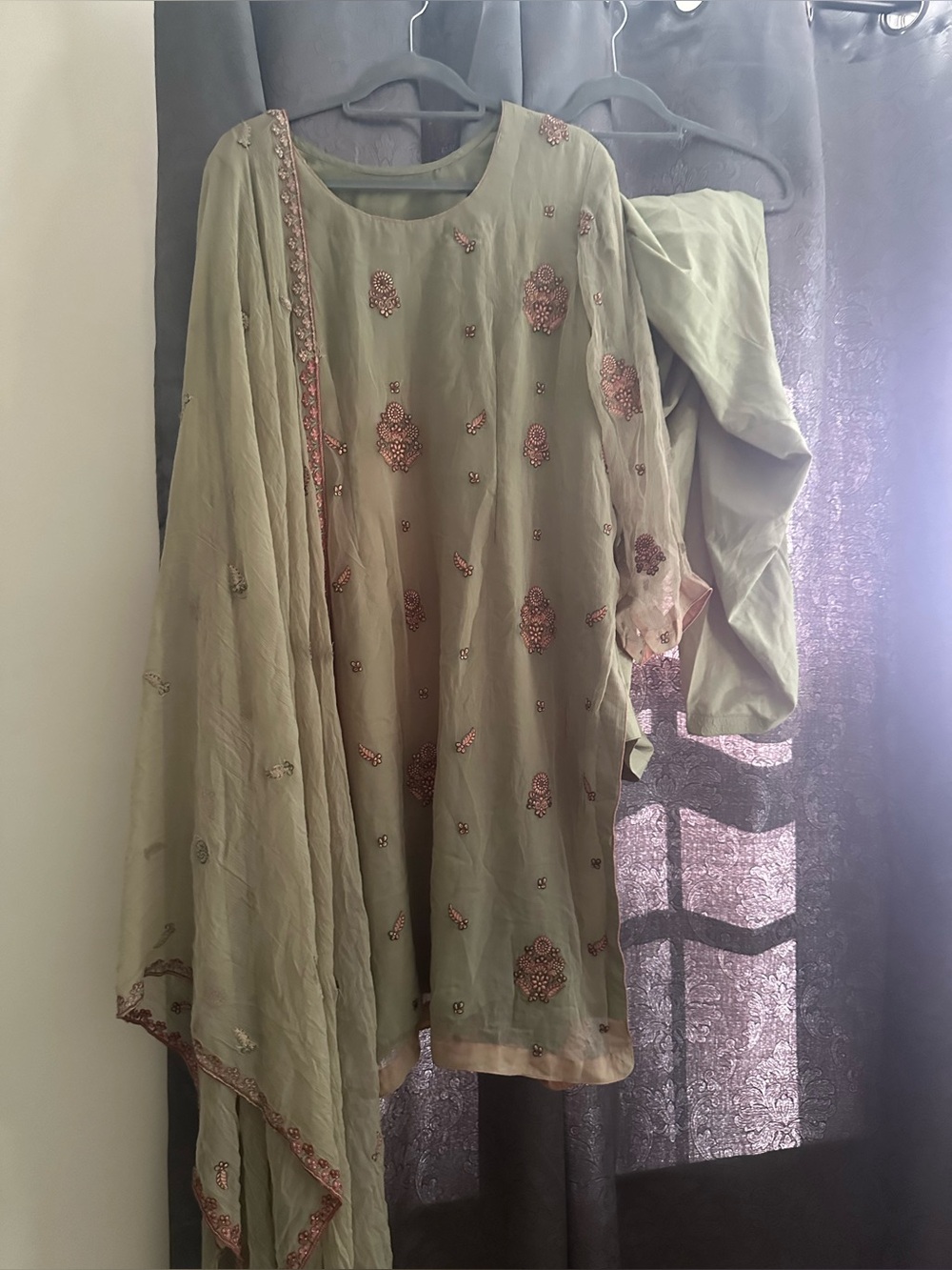 Pakistani Olive Green Embroidered kameez shalwar with Dupatta. Size XL